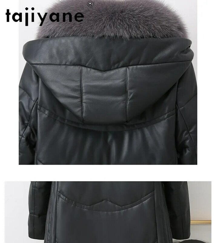 Tajeyane-Chaqueta de piel auténtica para mujer, abrigo de plumón de pato blanco con capucha, cuello de piel de zorro, Abrigos largos cálidos de piel de oveja para invierno