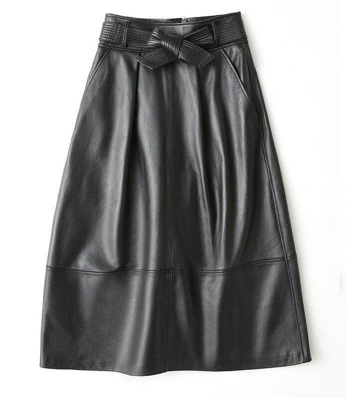 Женская длинная юбка с поясом, черная трапециевидная юбка средней длины из искусственной кожи с высокой талией, весна 2019
