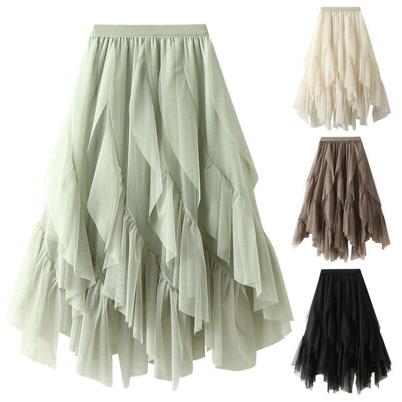 Женская юбка-макси из фатина, длинная контрастная юбка с асимметричным подолом и высокой талией в Корейском стиле, 2024