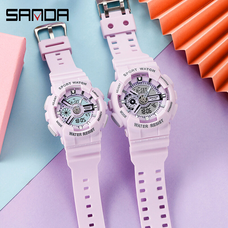 SANDA Fashion Couple Watch Outdoor Sports Luminous LED Dual Display Watch Timing Multifunctional Waterproof Watch Couple 299/292