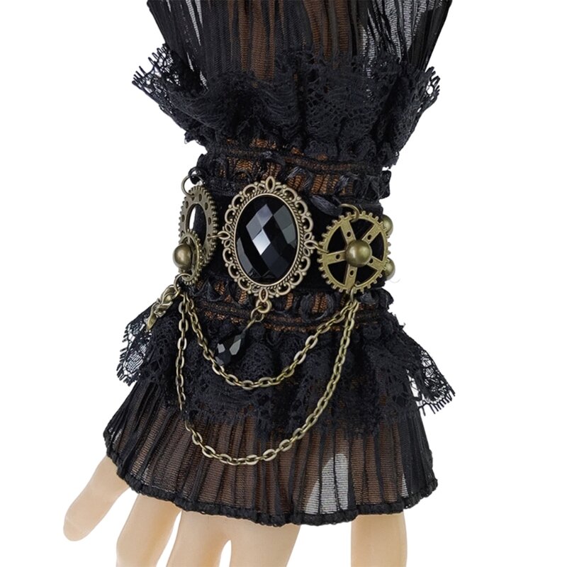 Gothic Steampunk Ruffled Lace ข้อมือแขนปลอมคริสตัล Fingerless ถุงมือ
