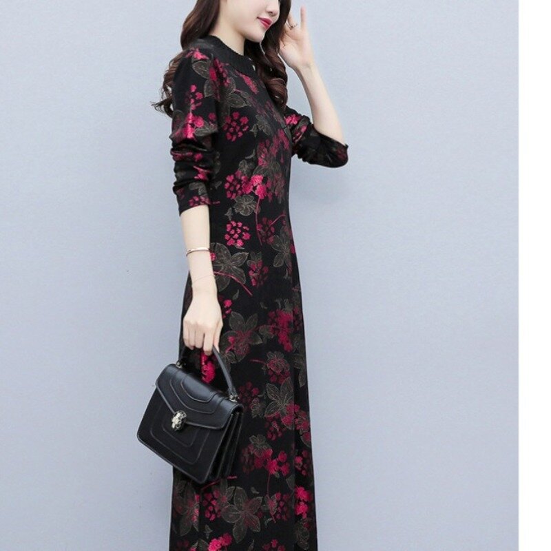 Women's Autumn and Winter Pullover Patchwork Printing Pockets Bright Line Decoration Fashionable Bottomed Long Sleeved Dress