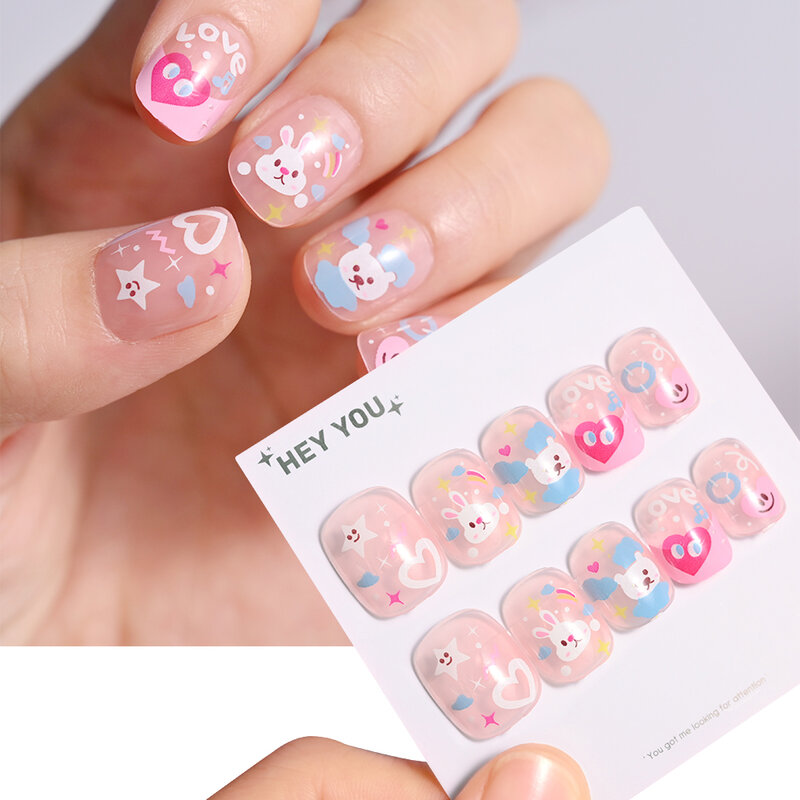 24Pcs/Box Press on Nails Children Fake Artificial Nail Tips Pre Glue Full Cover Short Acrylic Nails for Girl Kids Manicure