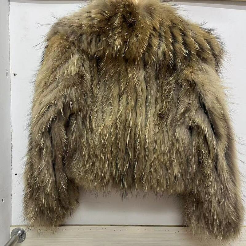 Abrigo de piel de mapache Real para mujer, chaqueta de piel corta con solapa y mangas completas, ropa de lujo de cintura alta, moda de invierno, Y4562