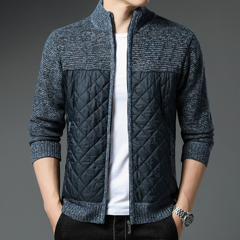 Men's Patchwork Sweater Autumn Winter Fleece Coat Thick Warm Cashmere Zipper Cardigan Baseball Stand Collar Pocket Knit Jacket