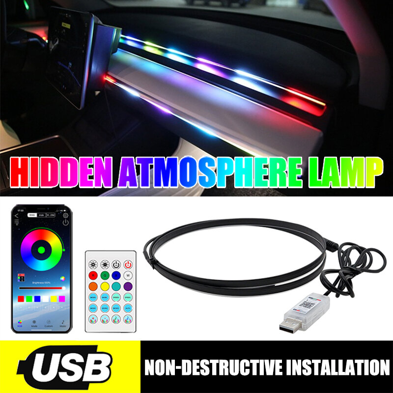 LED com controle remoto, tiras de acrílico, 64 cores, 110cm, RGB, luz interior do carro, aplicativo escondido, lâmpada atmosfera