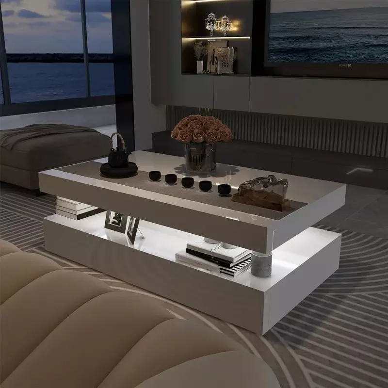 Tavolino rettangolare bianco per soggiorno con telecomando tavolino moderno lucido con mobili a luce LED RGB
