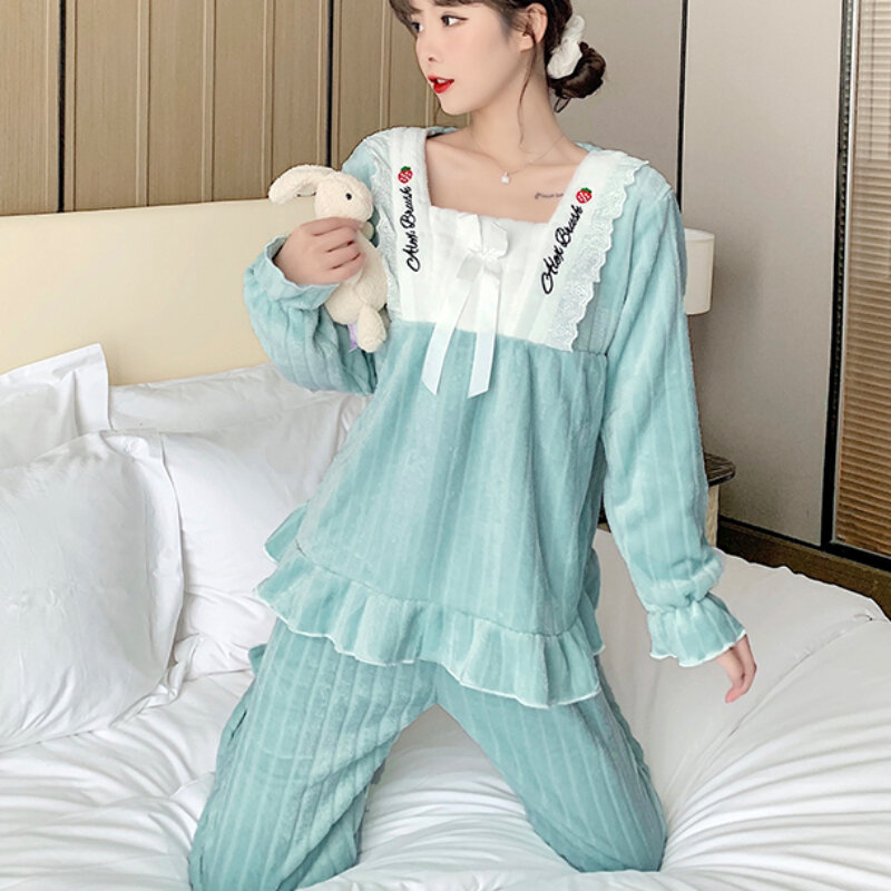 Conjunto de pijama de estilo coreano para mujer, ropa de dormir informal, holgada, con cuello cuadrado, elegante, a la moda, para el día a día, para invierno