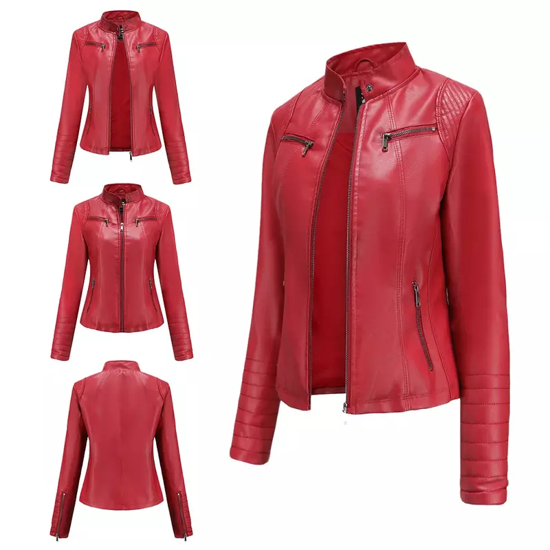 Jaket kulit PU wanita, jaket sepeda motor kulit murni pendek tipis musim gugur 2024