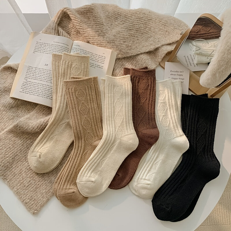 Kaus kaki wol tebal untuk wanita, Kaos Kaki setengah kaki tebal hangat di Jepang dengan sandal cantik 6 pasang musim gugur/musim dingin