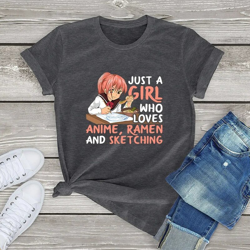 FLC 100% Cotton Kawaii Just A Girl Who Loves Anime Ramen And Sketching Gift Funny T-Shirt Printed Top Women Unisex Cute Tee