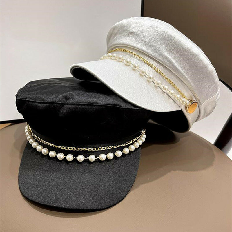 Sombrero de copa plano para mujer, gorro militar, mercerización de perlas, azul marino, boina de viaje al aire libre, moda de otoño e invierno, nuevo