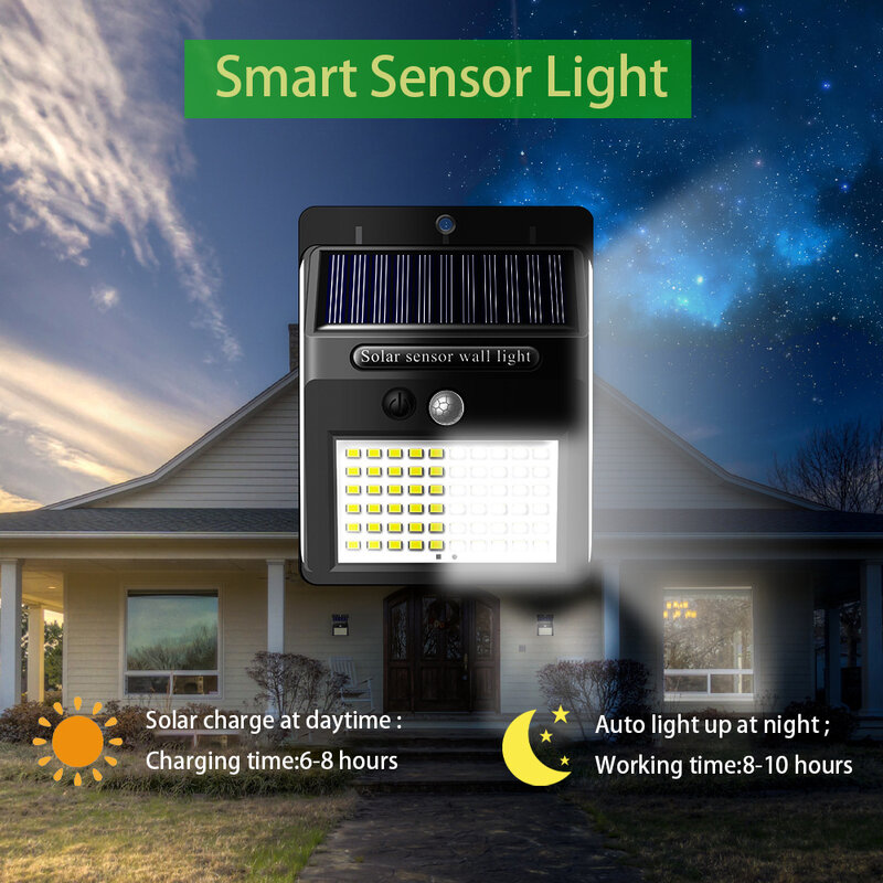 Outdoor LED Solar Light com sensor de movimento PIR, lâmpada impermeável, Powered Sunlight for Garden Decoration, 144 LED