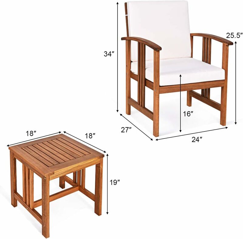 3 Pieces Patio Furniture Set, Includes Set of 2 Outdoor Acacia Wood Cushioned Chairs and Coffee Table, for Garden, Backyard