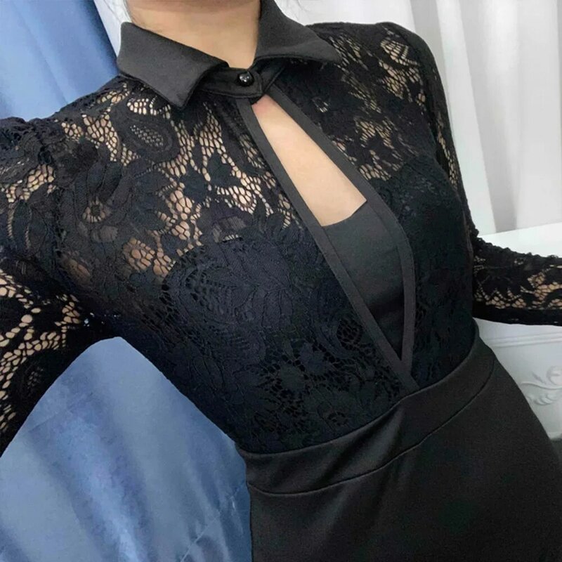 2024 European and American autumn new lace patchwork long sleeved tight fitting dress with lapel and buttocks for women YBF41-3