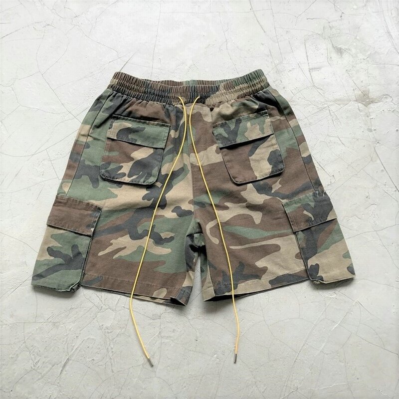 Amekaji-pantalones cortos de camuflaje con múltiples bolsillos para hombre, ropa de calle militar con cordón, Harem, hasta la rodilla, Verano
