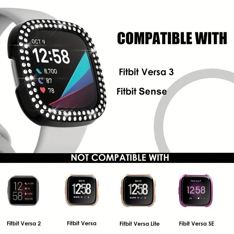 Fitbit Versa 3/Sense 스마트워치용 블링 케이스, 2 열 반짝이는 크리스탈 라인석, 하드 PC 범퍼 프레임
