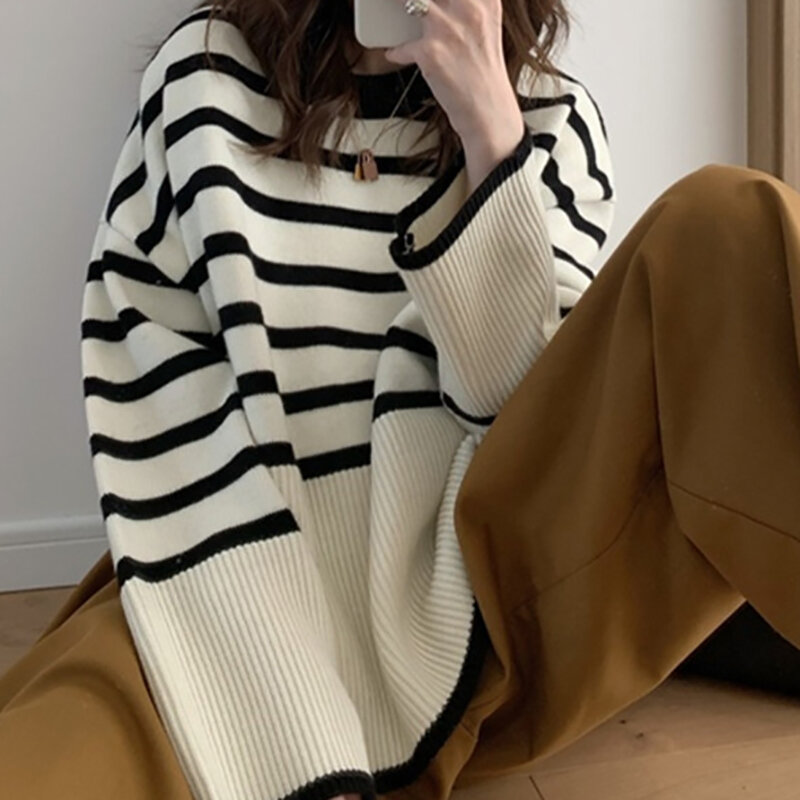 Suéter de punto a rayas para mujer, Jersey grueso de manga larga con cuello redondo, ropa informal coreana, otoño e invierno, 2023