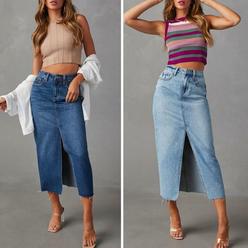 Saia jeans feminina com bolsos, saia midi, cintura alta, linha A, fenda frontal, streetwear elegante, verão