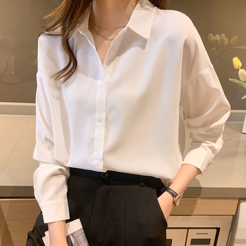 Модная однотонная однобортная блузка для женщин, новинка, классическая офисная Повседневная универсальная Дамская рубашка-поло с длинным ...