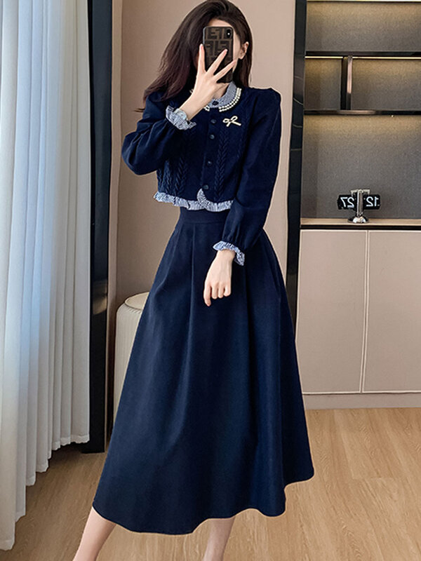2023 Autumn Fashion Two Pieces Set Korean Women Vintage Ruffles Knitted splicing Shirt Top + A-Line Midi Skirts Elegant Outfits