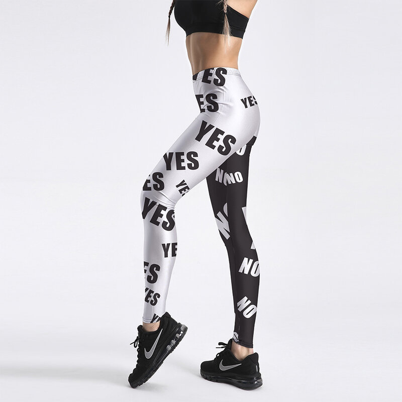 Women Leggings yes no letters printed  elastic leggings black white S 4035