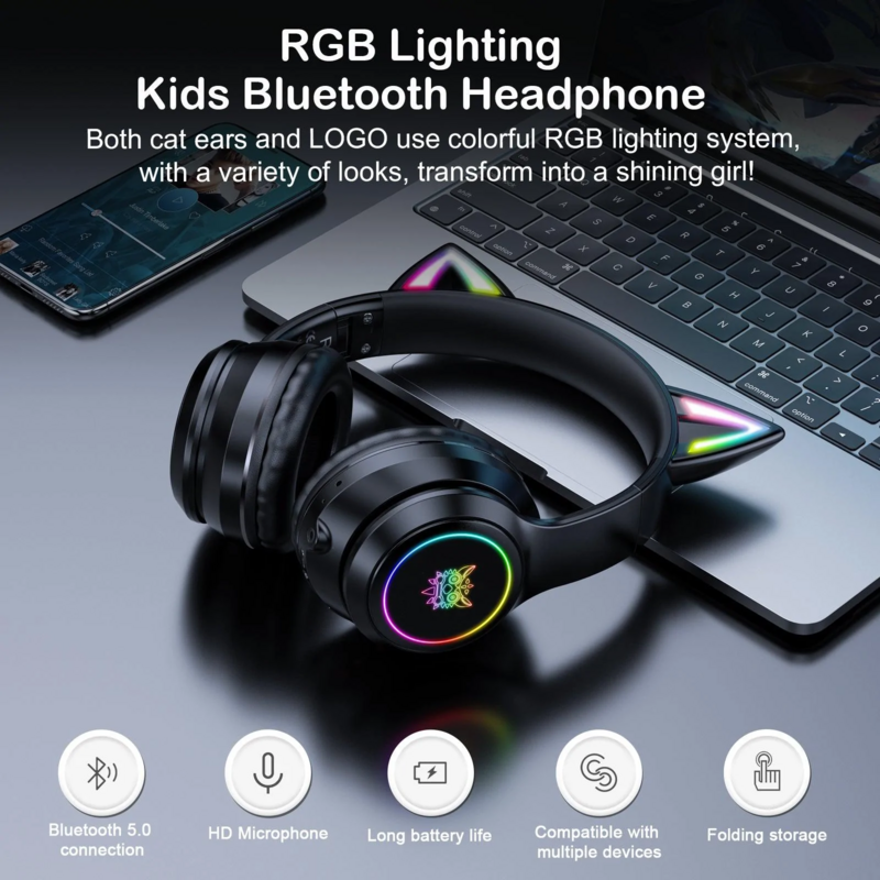 ONIKUMA B90 Bluetooth-compatible Gaming Headset with RGB Cat Ear Foldable Wireless Headphones with HD Mic for Computer PC Gamer
