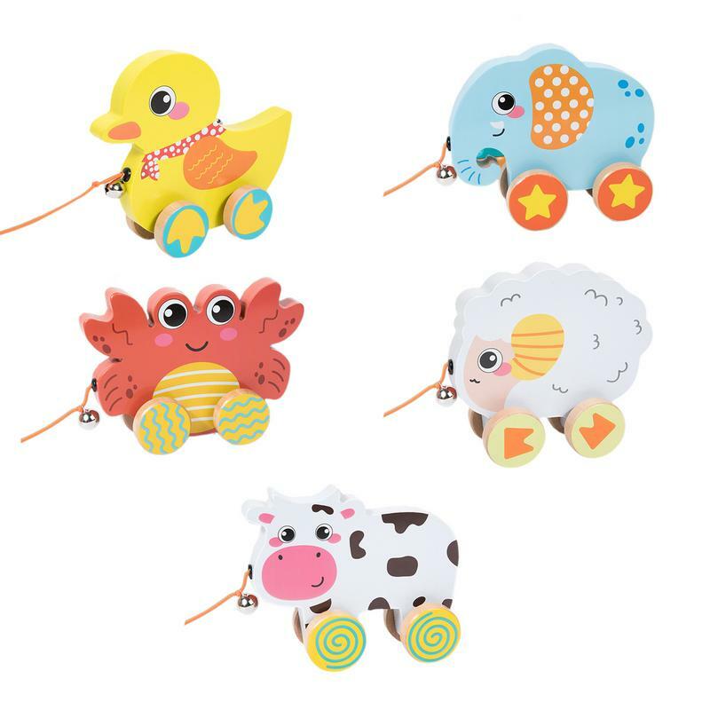 Cartoon Animals Pull Toddler Toy Kids Learning Education Toy Wooden Pull Along Walking Toys Interactive Sensory Toy with String