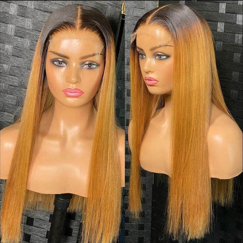 Soft 26" 180Density Long Ombre Blonde Brown Glueless Silky Straight Lace Front Wig For Women BabyHair Preplucked Heat Resistant