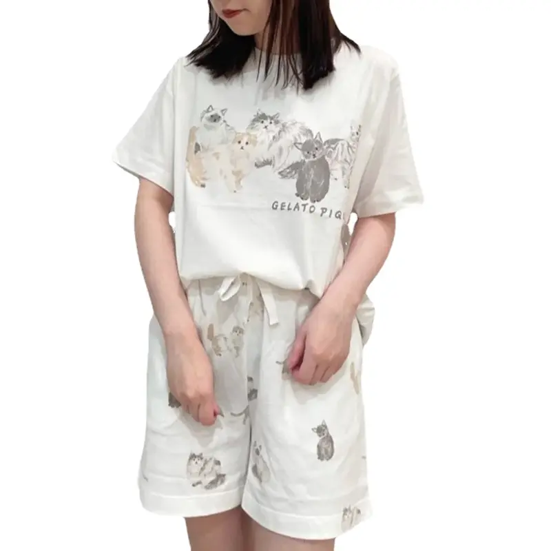 Piyama pakaian kamar wanita Kawaii celana pendek kucing Set pakaian rumah rok baju tidur piyama pakaian tidur