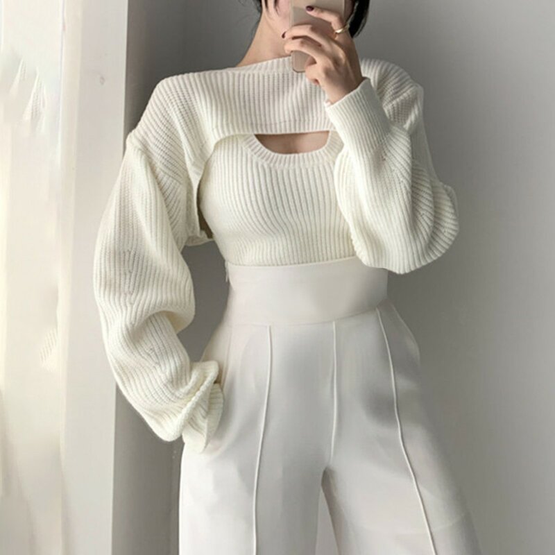 Frauen stricken kurze Pullover Tops lässig solide klebrige Langarm Weste gestrickt Top Cover bis zweiteiliges Set für Frauen Pullover