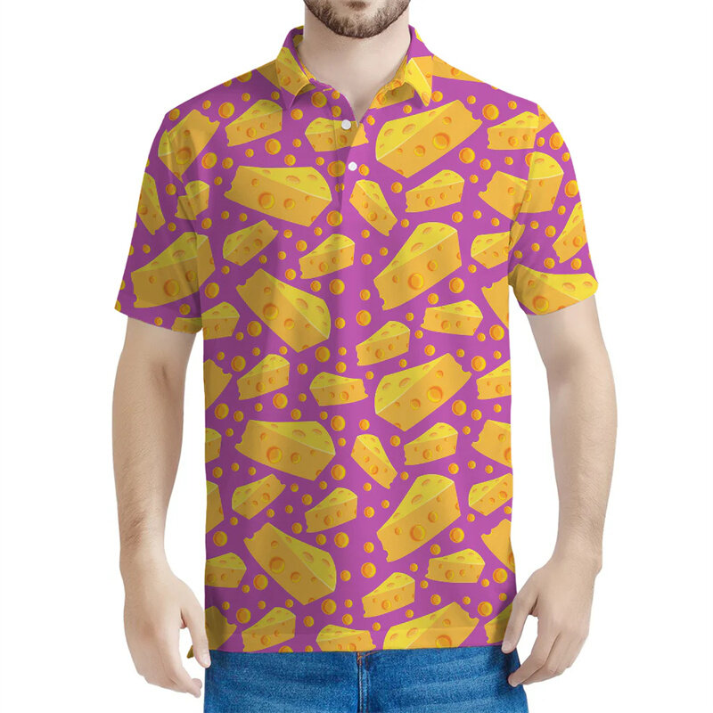 Рубашка-поло мужская с принтом сыра, уличная свободная футболка с короткими рукавами, повседневный топ с лацканами и пуговицами, с 3d принтом, на лето