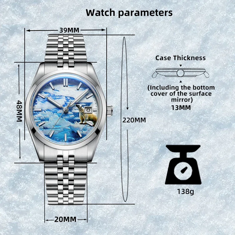Addiaddiesdive 39Mm 3d Gletsjer Automatisch Mechanisch Horloge 100M Duiker Super Lichtgevende Horloges Stalen Bubber Spiegel Glazen Polshorloge