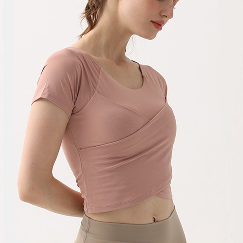 Aiithuug Bulid-in Cup Yoga Tops Short Sleeve Cross Hem Athletic Compression Shirts Women's Breathable Yoga Gym Pilates Sportwear