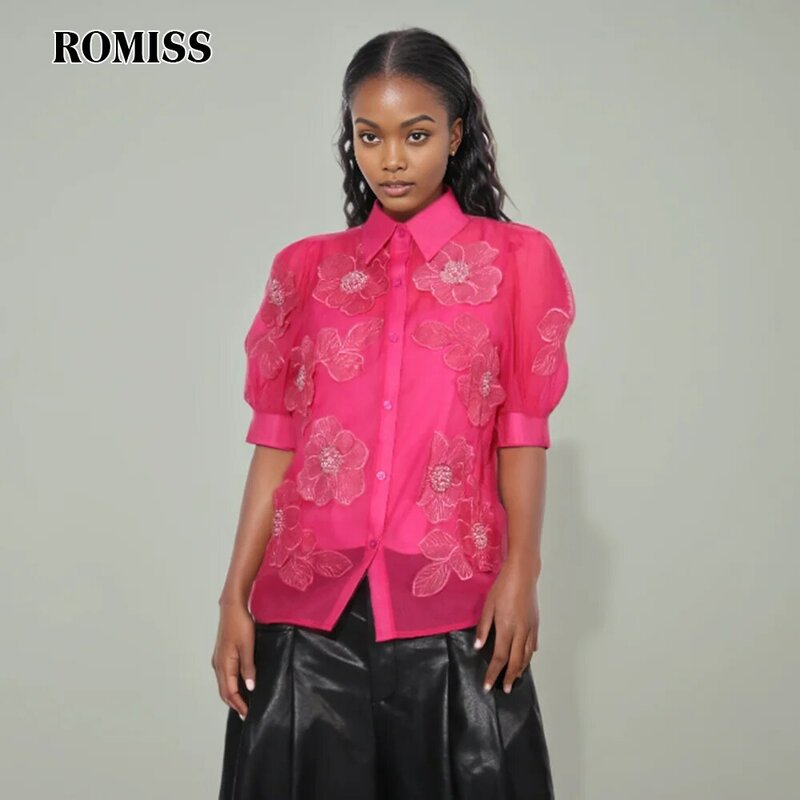 ROMISS solid color stitching flower shirt women's lapel short -sleeved stitching single -breasted shirt women's clothing fashion