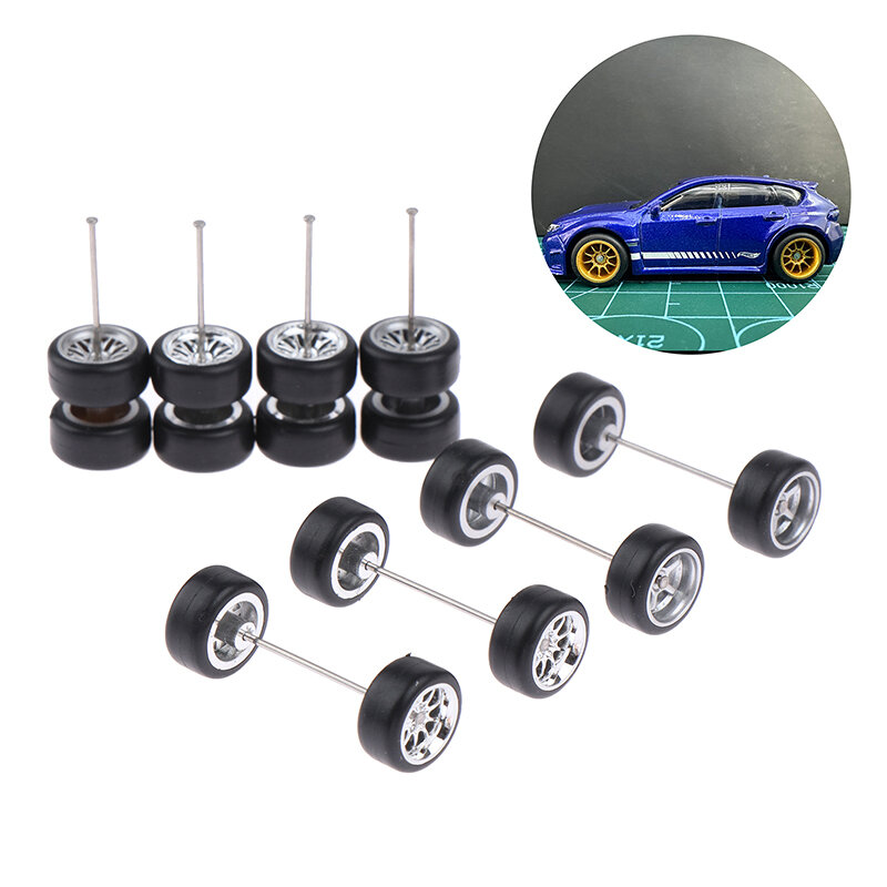 1 Set 1:64 Alloy Car Accessories Wheels Model Modification Hub Rubber Tires Racing Vehicle Toy Cars Front Rear Tires