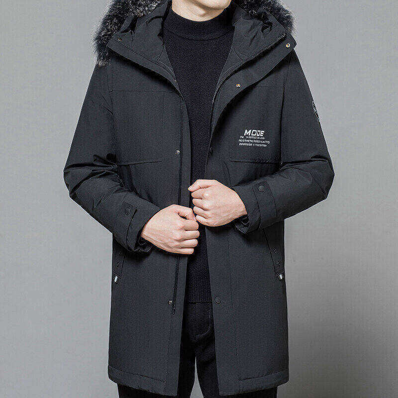 Jaqueta casual masculina com capuz, parca espessa, casaco de comprimento médio, roupa à prova de vento, quente, elegante, inverno