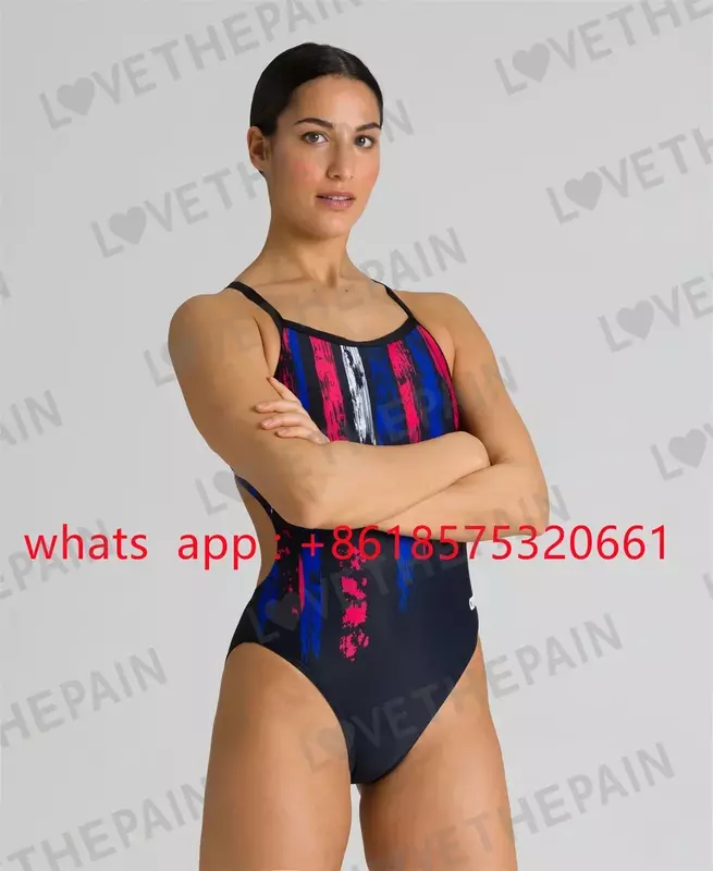 Women's Team Painted Stripes Challenge Back One Piece Swimsuit Competition Training Swimwear Summer Fashion Fitness Swimsuit New