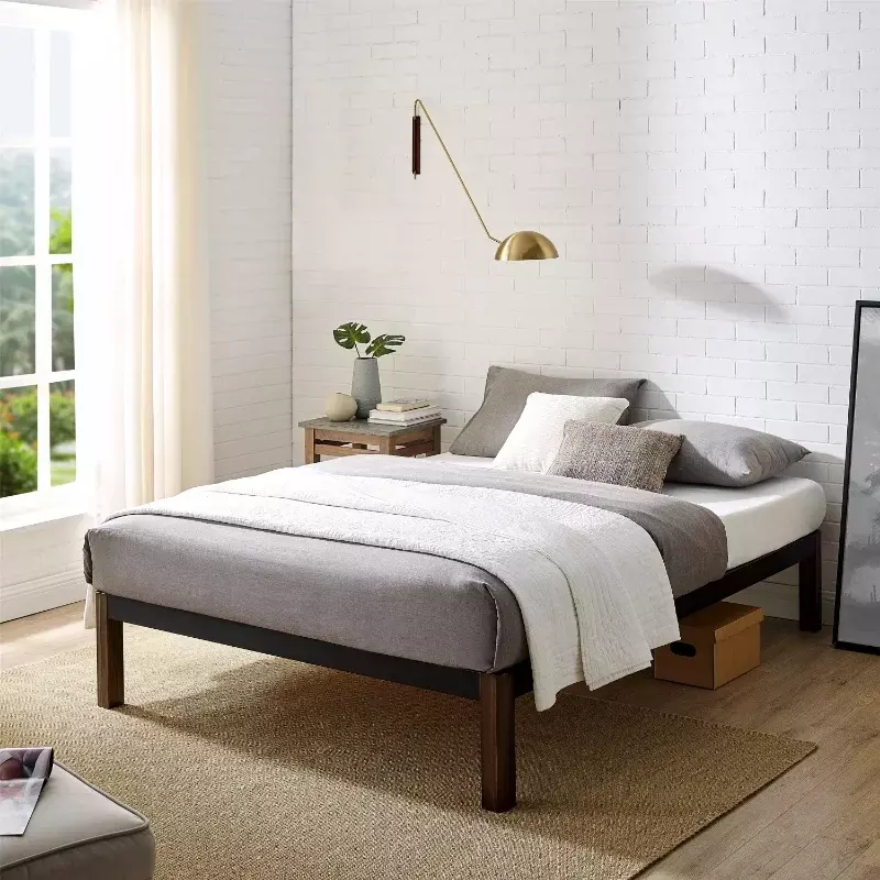 Wood Slat Black Metal Platform Bed Frame with Wood Legs, Queen bedframe bedroom furniture