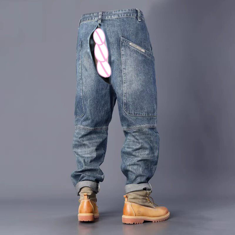 Pantalones vaqueros invisibles con entrepierna abierta para hombre, ropa de trabajo informal, holgada, Retro, Hip Hop, con bolsillo grande