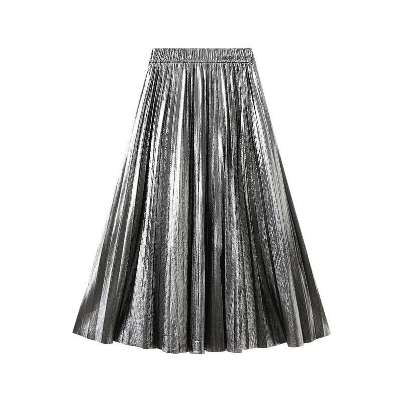 Женская юбка из яркого шелка, юбка средней длины, плиссированная юбка, юбка средней длины, трапециевидная длинная юбка