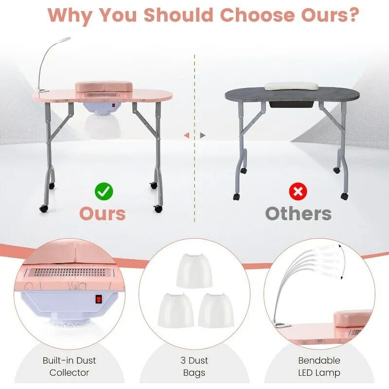 Nail Table for Nail Tech, Portable Manicure Table with Electric Dust Collector, USB-Plug LED Lamp, Wrist Rest,