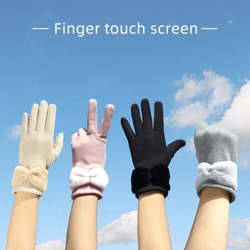 Winter Keep Warm Bowknot Women Gloves Touch Screen Fashion Plus Velvet Full Finger Mittens Outdoor Stretch Ridding Driving Glove