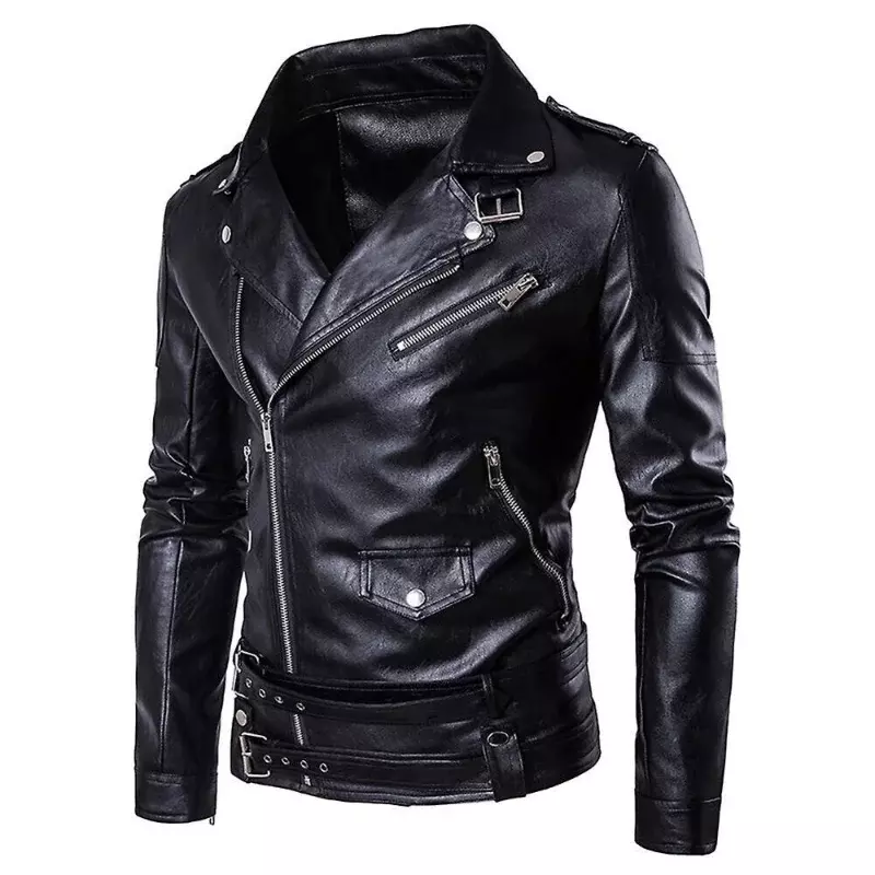 Мужская кожаная черная приталенная мотоциклетная куртка в европейском и американском стиле