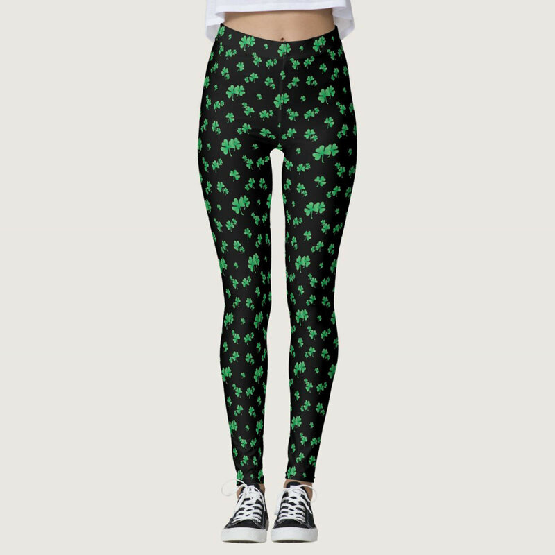 กางเกงรัดรูปสำหรับผู้หญิงกางเกงสีเขียวพิมพ์ลายโคลเวอร์เลกกิ้งเอวสูงยืดหยุ่นสำหรับวิ่งโยคะพิลาทิสยิม