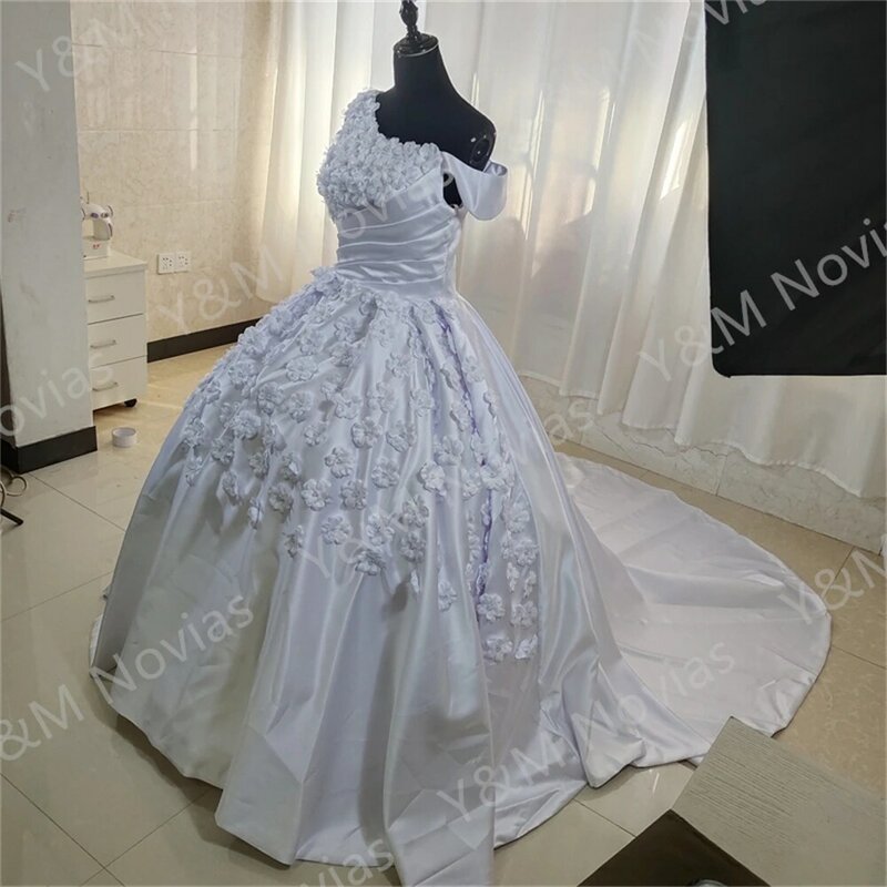 Fora do ombro vestido de casamento cetim, flores 3D, querida, chão ou trem vestidos nupciais, tamanho personalizado, sexy