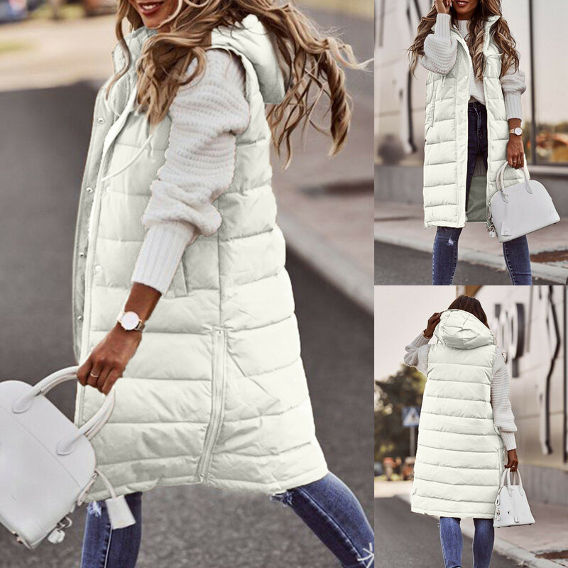 Veste longue à capuche en fibre pour femme, manteau rembourré avec fermeture éclair