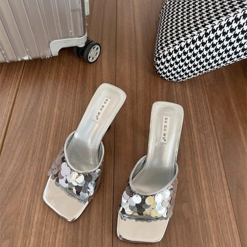 Туфли-лодочки женские с квадратным носком, пикантные сандалии на тонком высоком каблуке, Повседневная Уличная обувь, сланцы, модель Лето 2024
