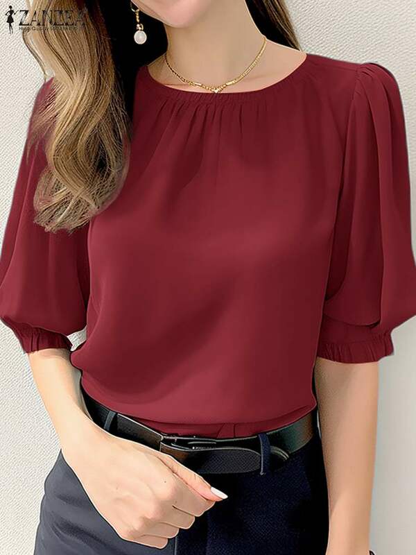 Zanzea เสื้อเบลาส์แฟชั่นสตรีทแวร์แขนสั้นสำหรับผู้หญิง2024, เสื้อเบลาส์ใส่ทำงานเสื้อเสื้อยืดหลวมฤดูร้อน