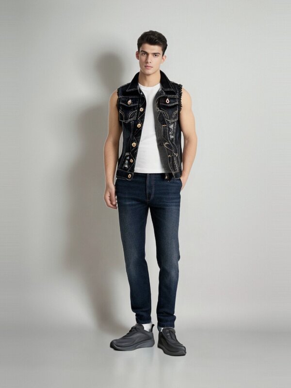 DIMUSI-Colete jeans de design vintage masculino, jaquetas sem mangas pretas masculinas, jeans buraco, colete marca, 6XL,YA566, novo, primavera, outono